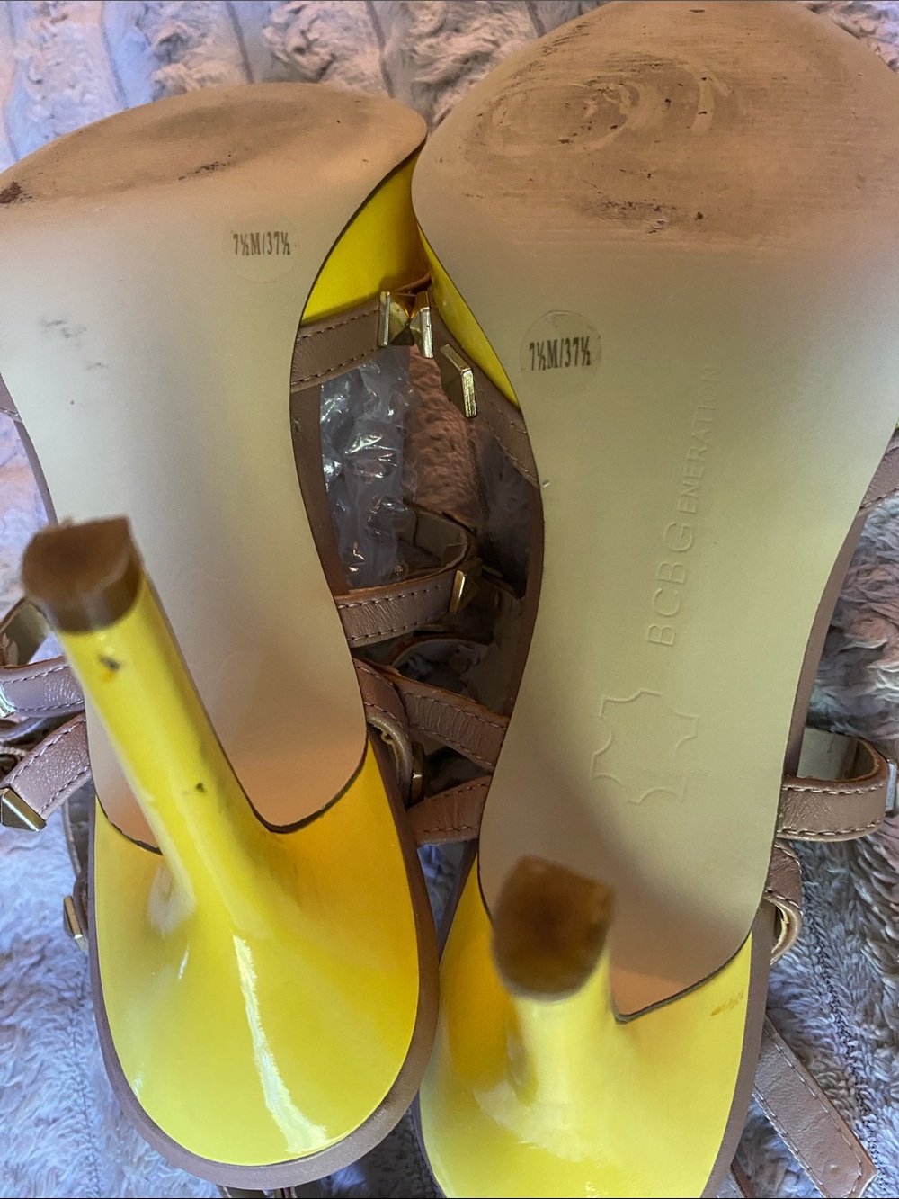 BCBGeneration Yellow Patent Pointed-Toe Studded Strappy Heels - Picture 6 of 7